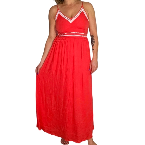 Japna Red Embroidered Long Sundress Size Small Empire Waist - Picture 1 of 4